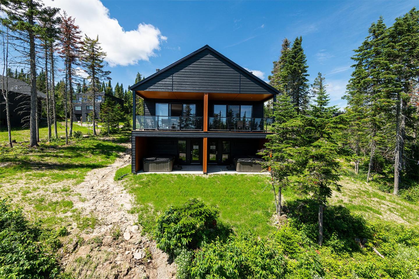 Grande maison moderne entourée de forêt et pelouse verte.