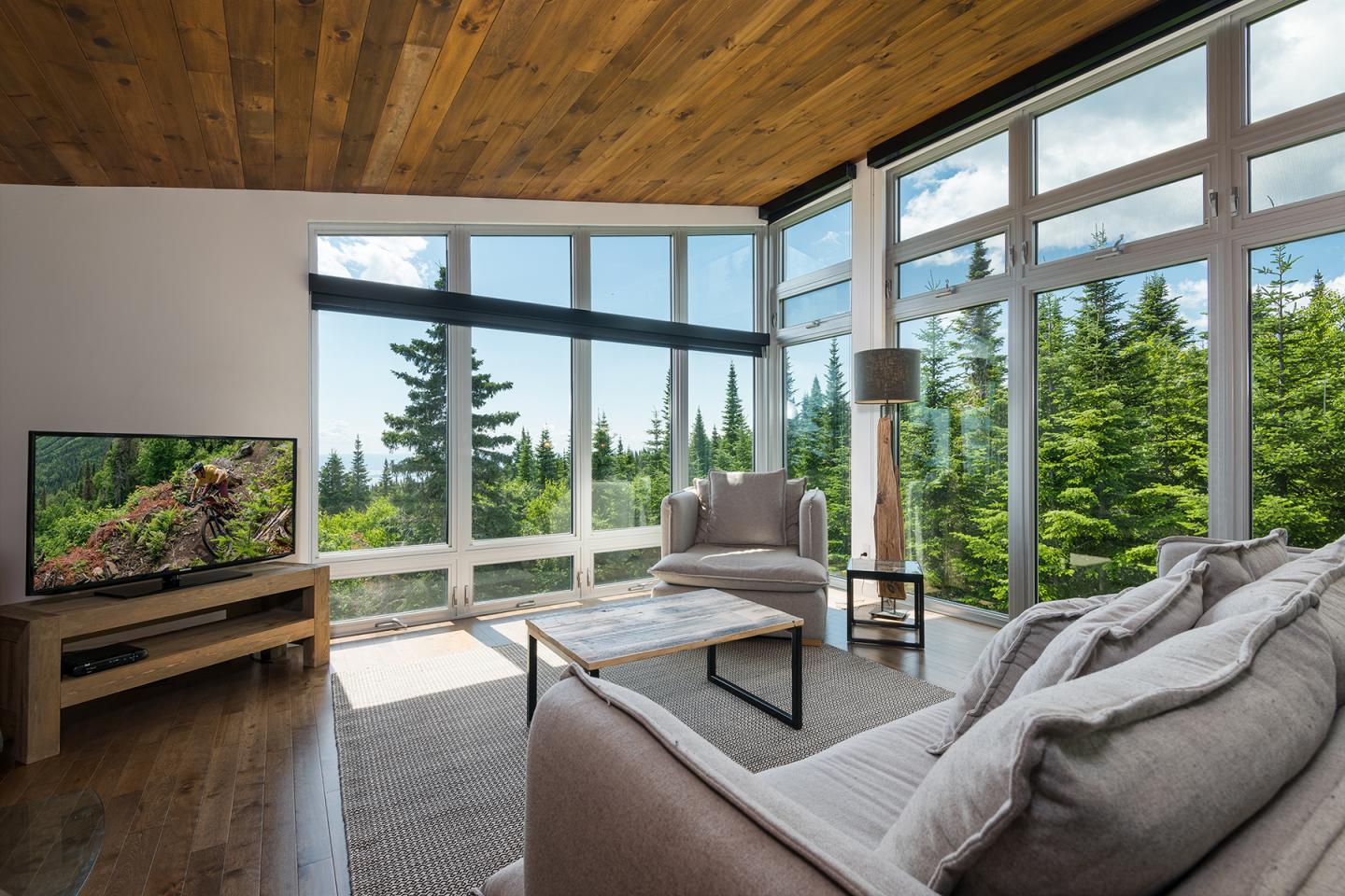 Salon moderne avec vue sur forêt, canapé gris, télévision et grandes baies vitrées.